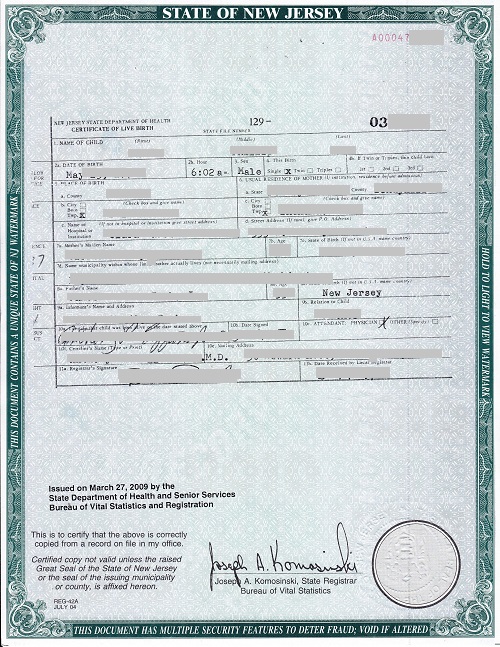 New Jersey birth certificate with an apostille
